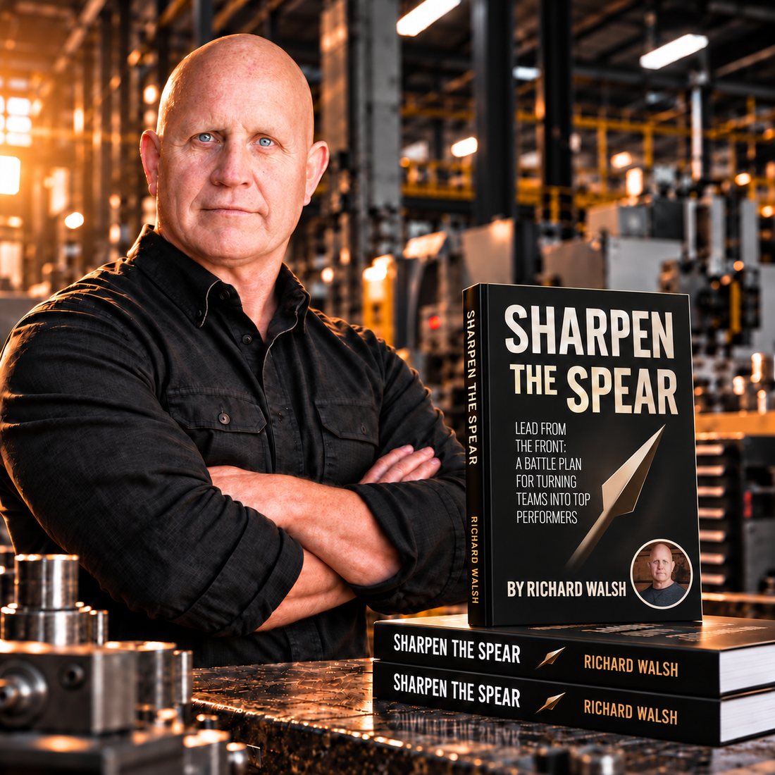 Richard Walsh on a plant floor, arms crossed, beside copies of his book Sharpen the Spear
